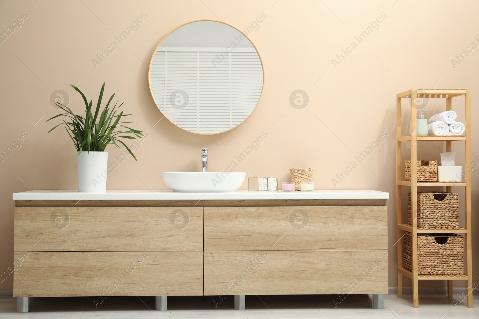 Photo of Stylish furniture, houseplant, sink and mirror in bathroom