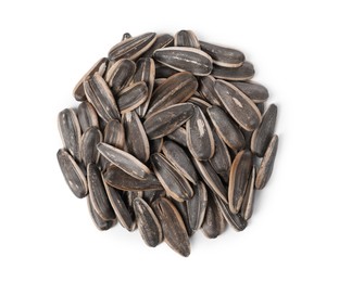 Photo of Pile of sunflower seeds isolated on white, top view