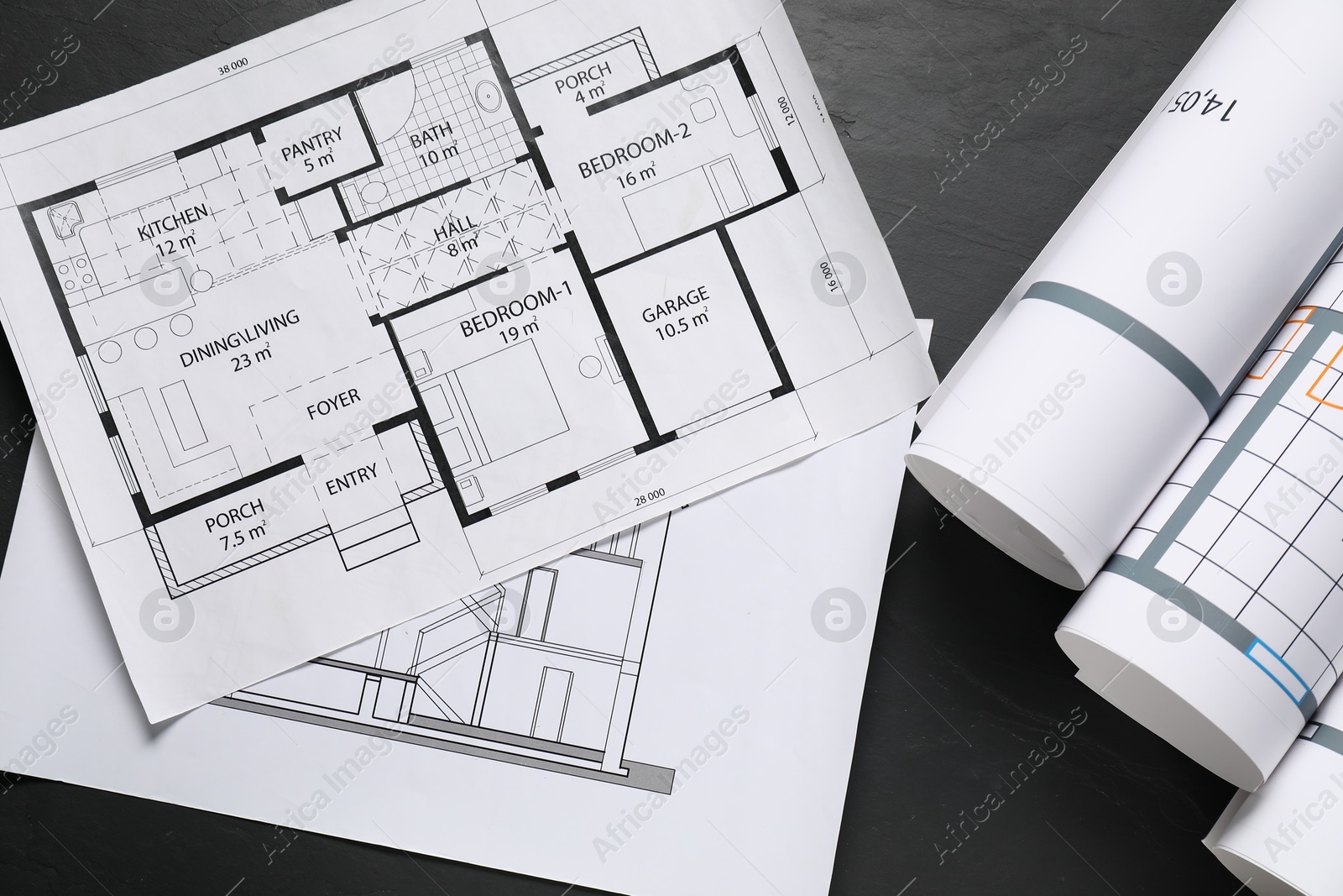 Photo of Different architectural drawings on grey textured table, flat lay