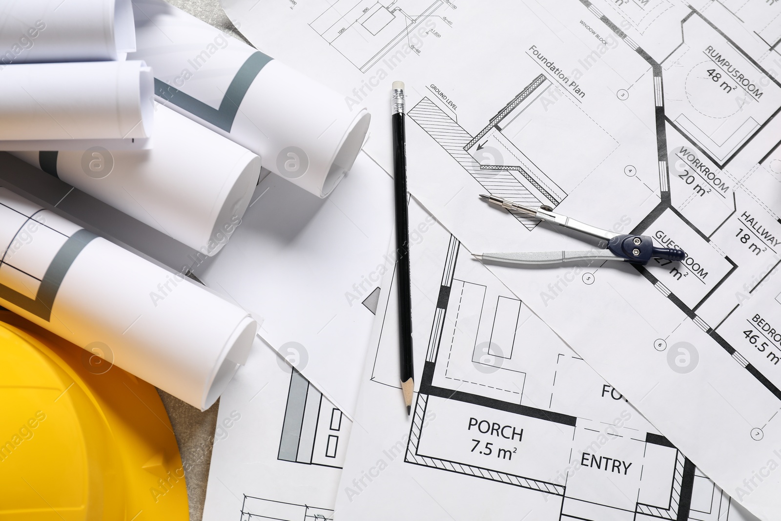 Photo of Different engineering drawings and tools on table, flat lay