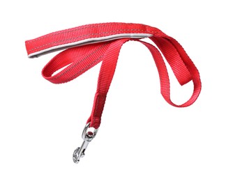 Photo of One red dog leash isolated on white