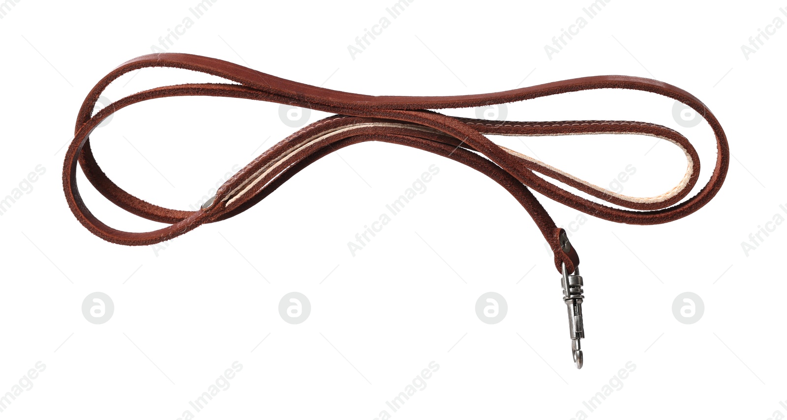 Photo of Brown leather dog leash isolated on white