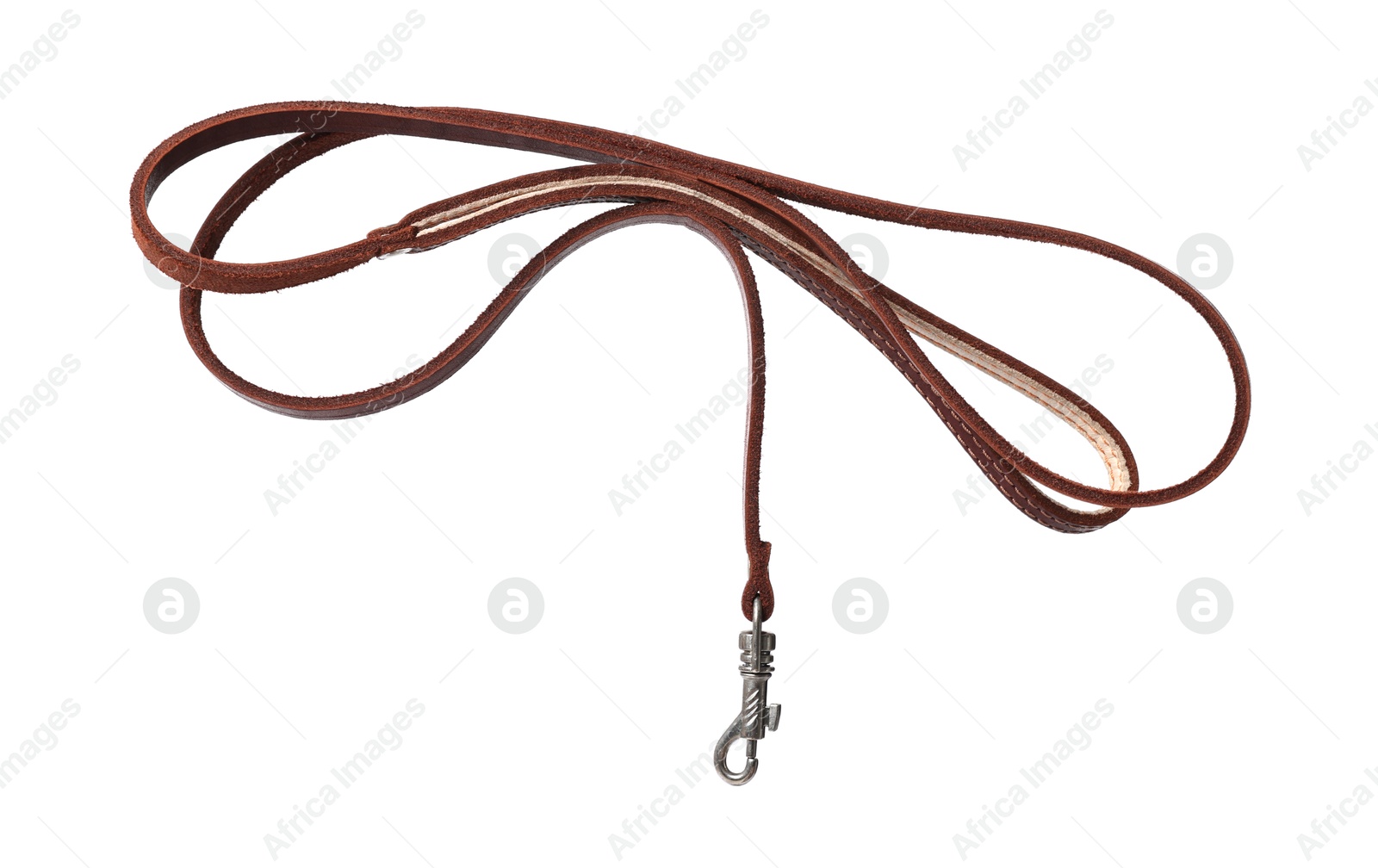 Photo of Brown leather dog leash isolated on white