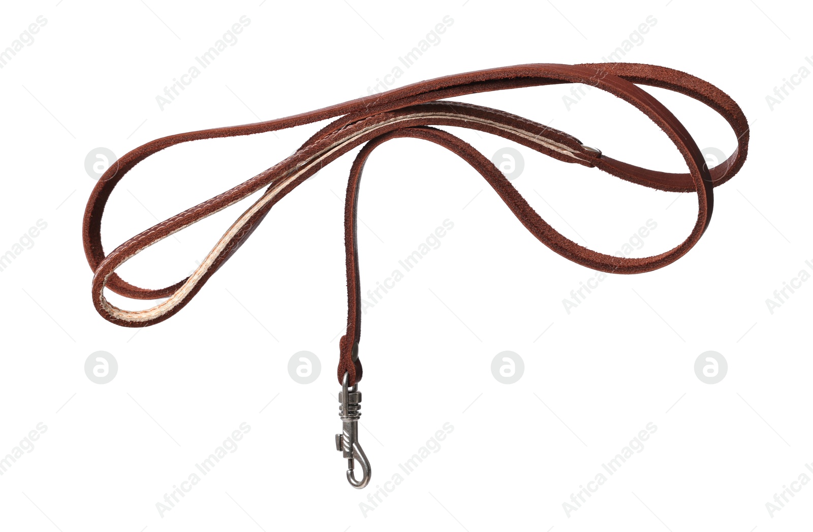 Photo of Brown leather dog leash isolated on white