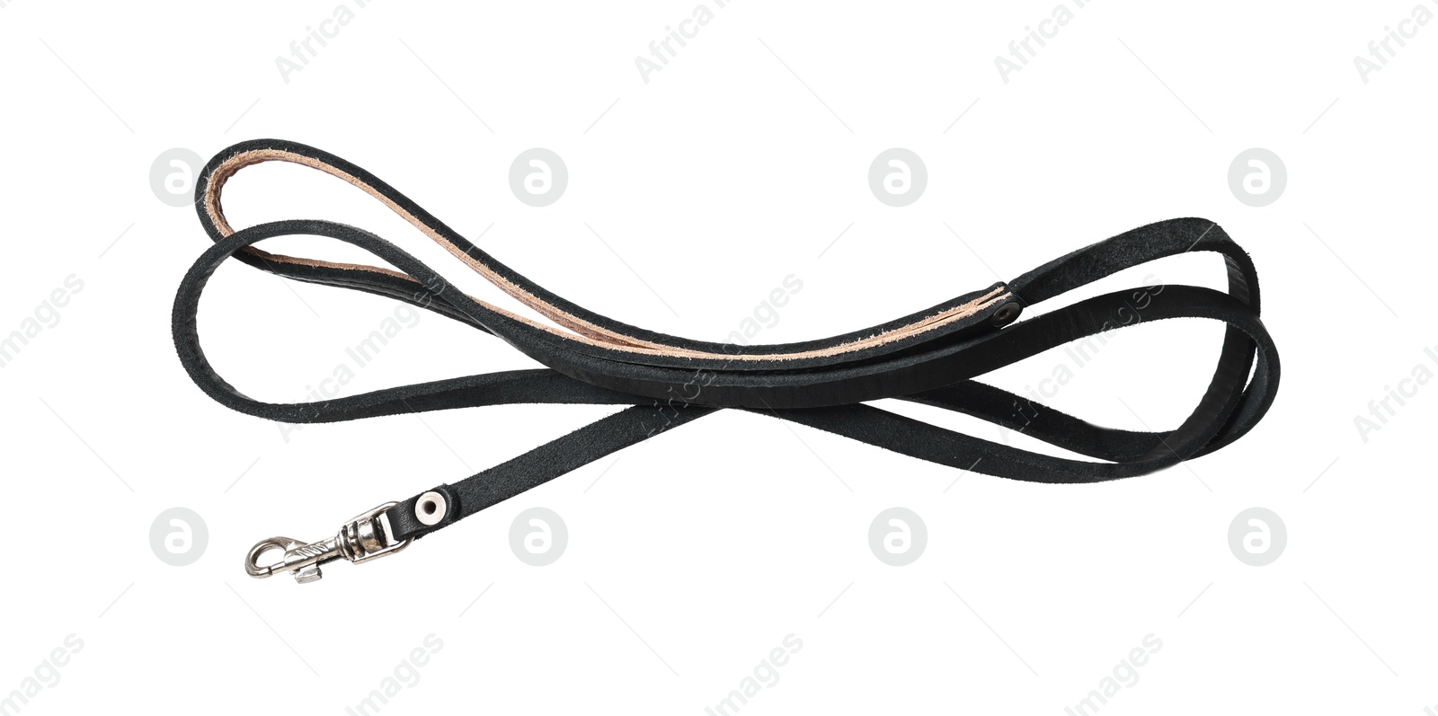 Photo of Black leather dog leash isolated on white