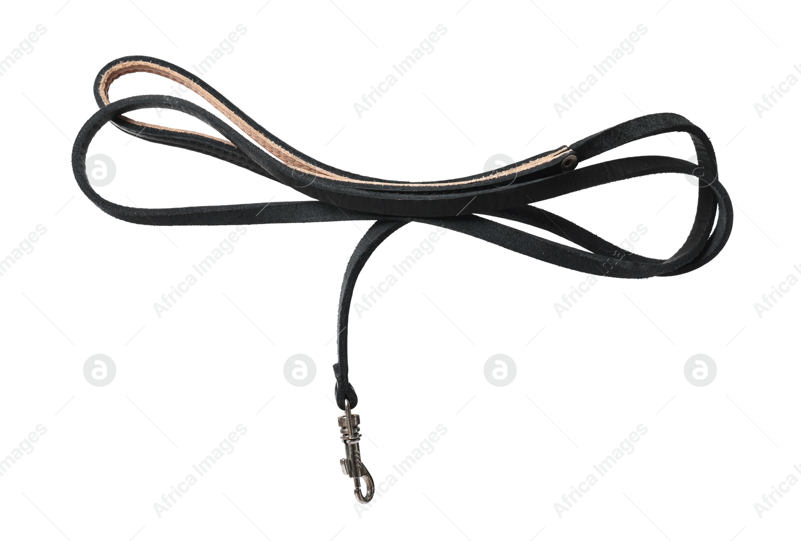 Photo of Black leather dog leash isolated on white