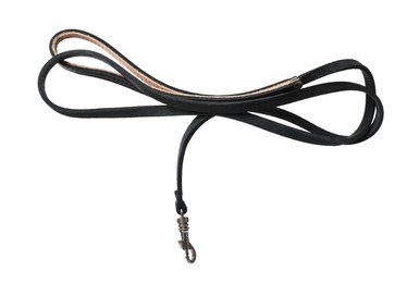 Photo of Black leather dog leash isolated on white