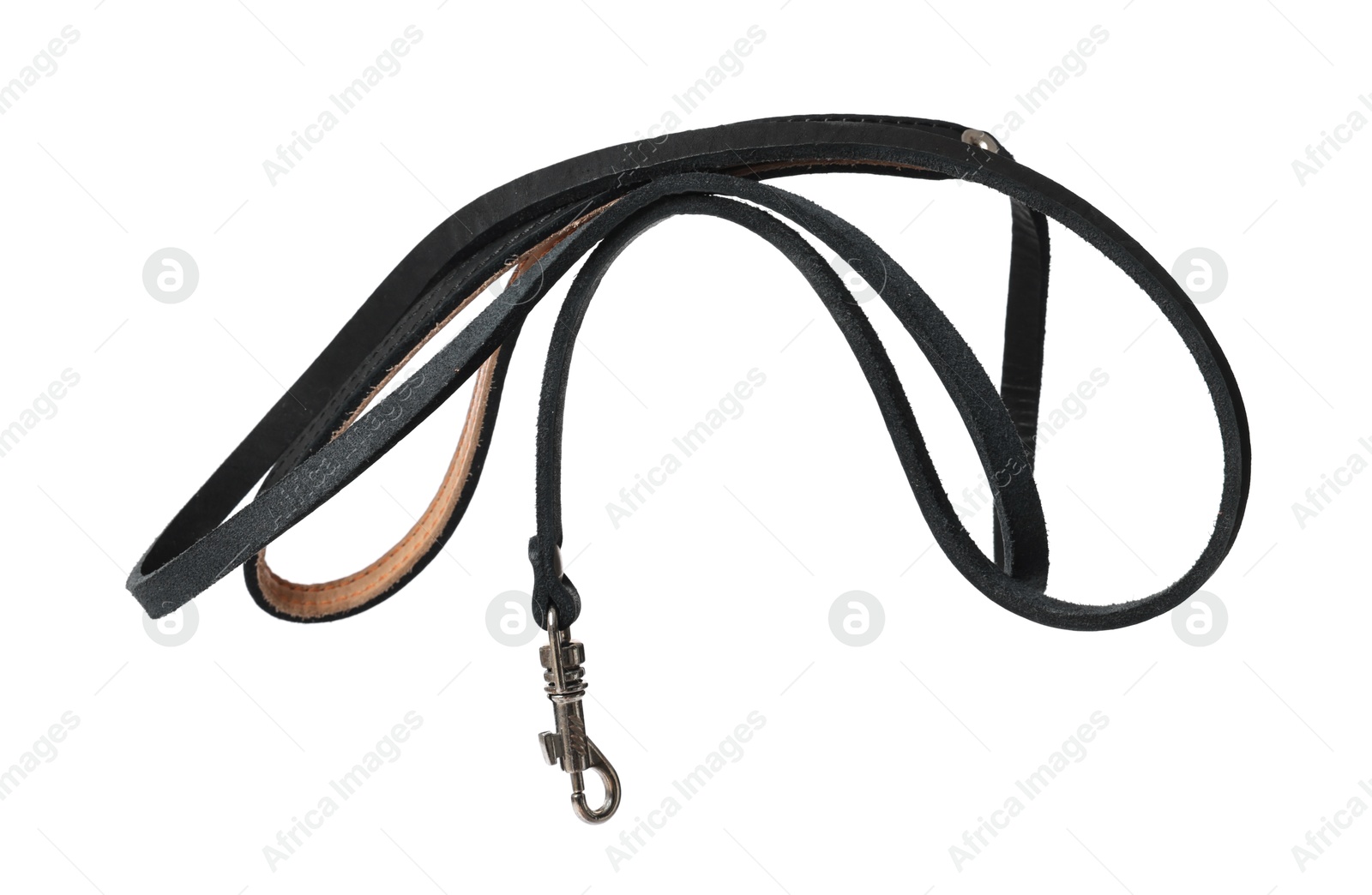 Photo of Black leather dog leash isolated on white