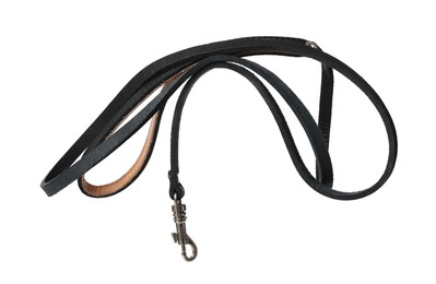 Photo of Black leather dog leash isolated on white