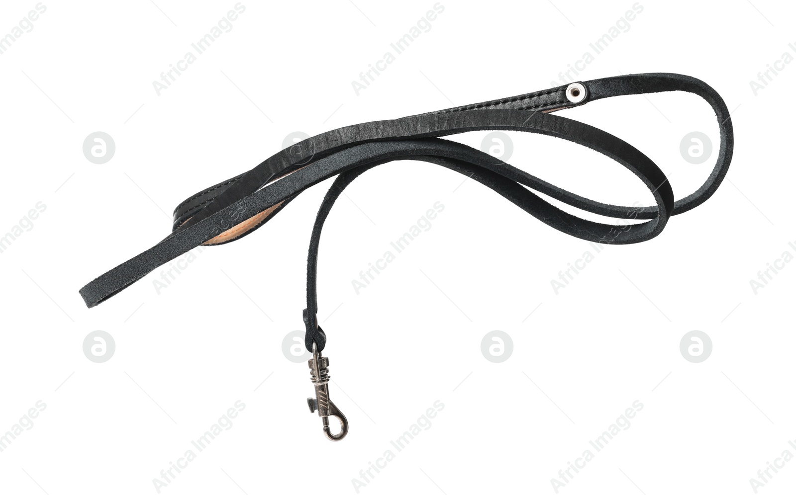 Photo of Black leather dog leash isolated on white