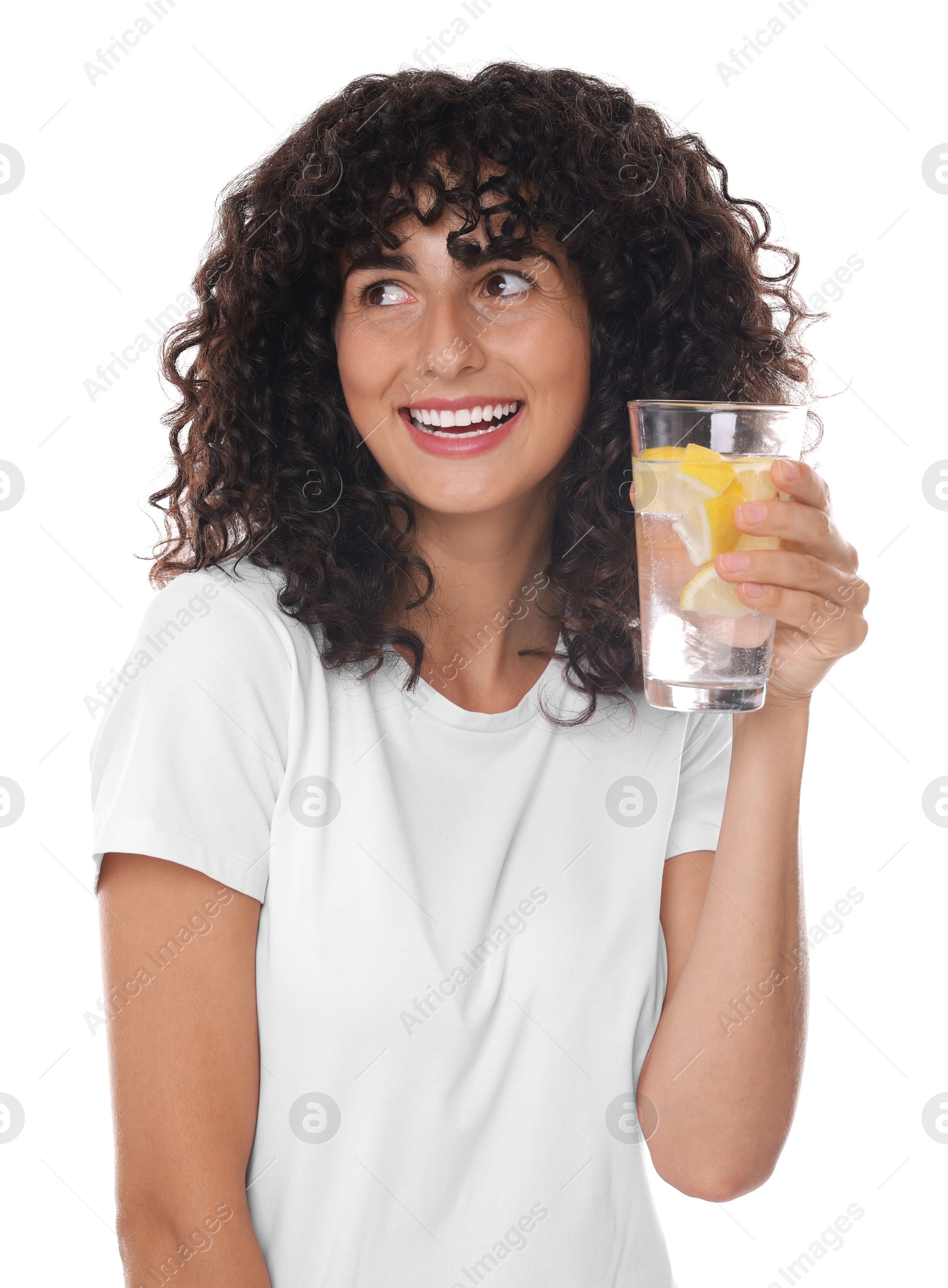 Photo of Woman with glass of lemon water on white background