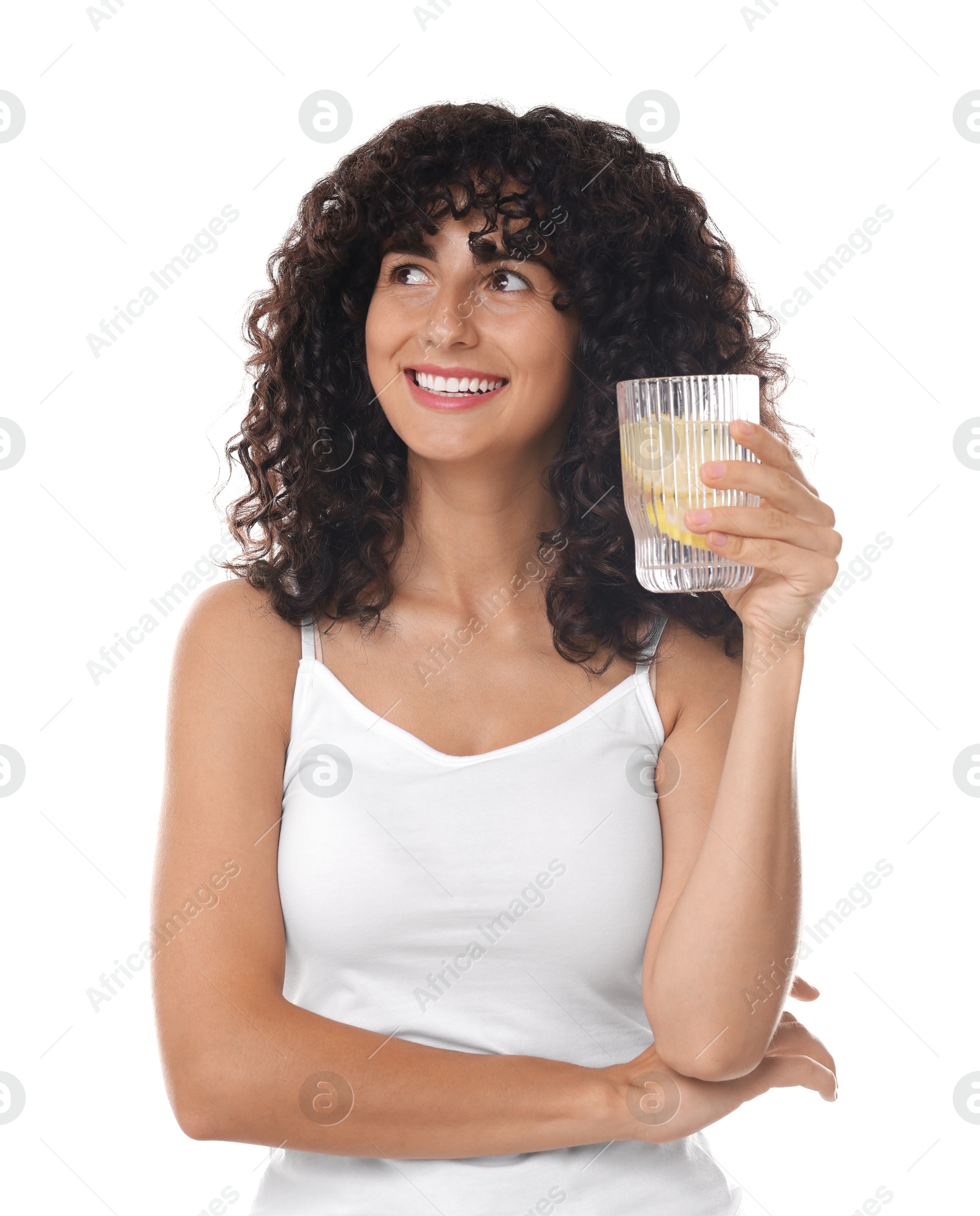 Photo of Woman with glass of lemon water on white background