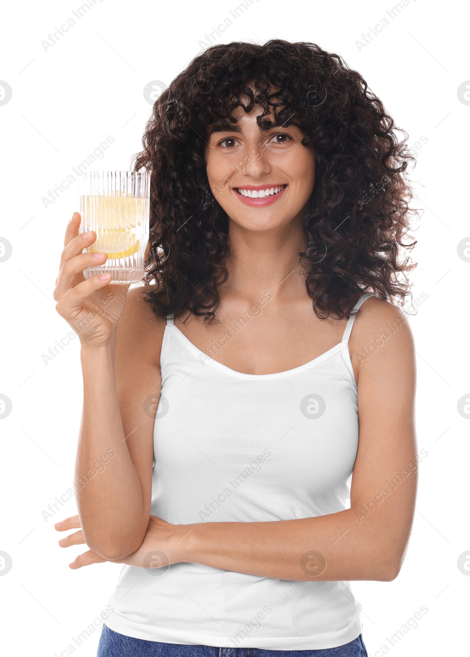 Photo of Woman with glass of lemon water on white background