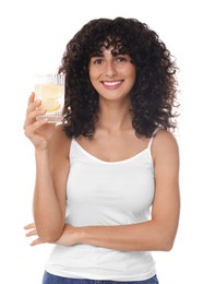 Woman with glass of lemon water on white background