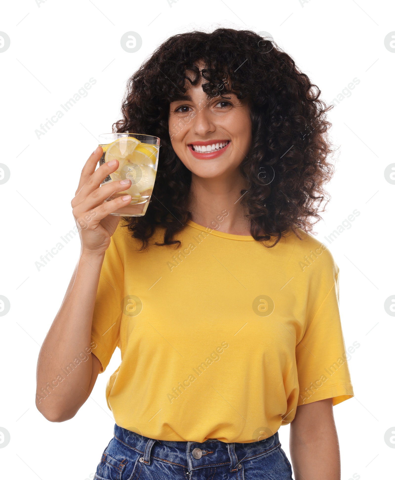 Photo of Woman with glass of lemon water on white background