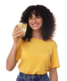 Photo of Woman with glass of lemon water on white background