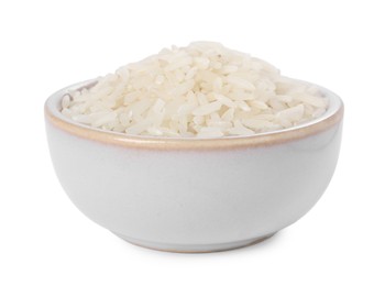 Raw rice in bowl isolated on white