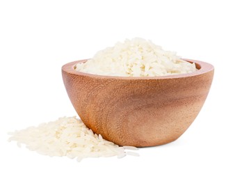 Raw rice in bowl isolated on white