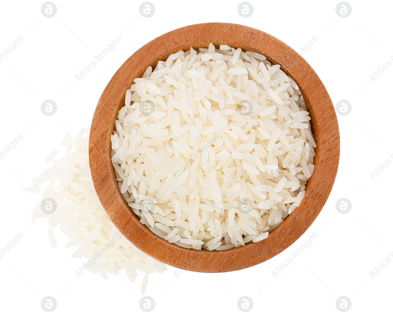 Photo of Raw rice in bowl isolated on white, top view