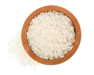 Raw rice in bowl isolated on white, top view