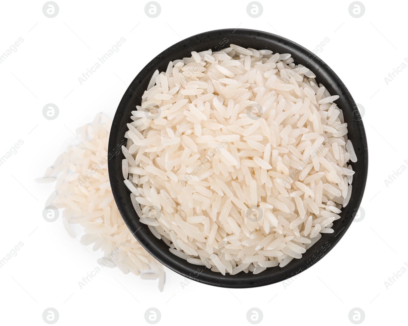 Photo of Raw rice in bowl isolated on white, top view