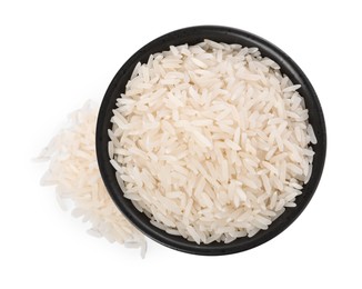 Photo of Raw rice in bowl isolated on white, top view