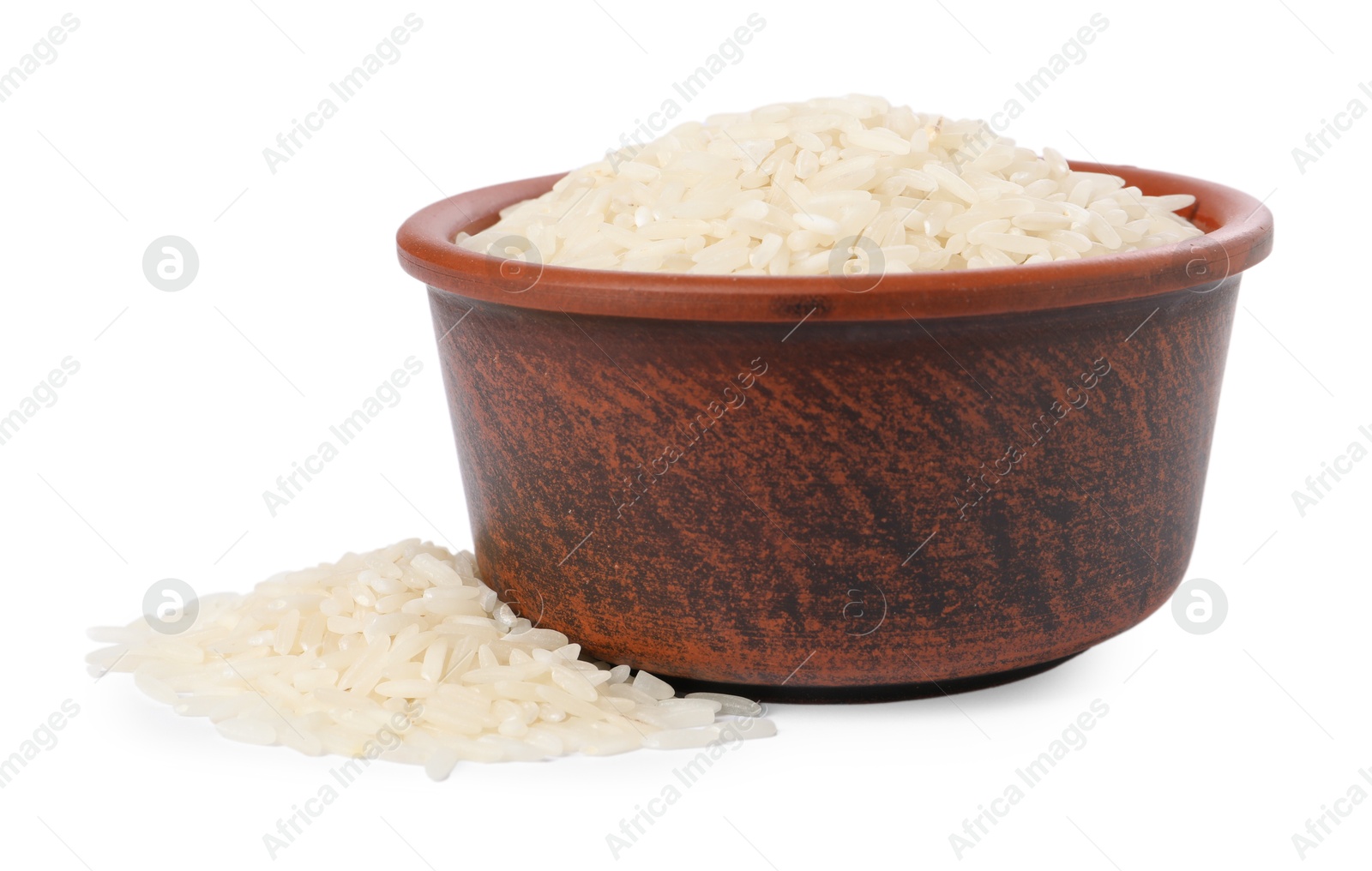 Photo of Raw rice in bowl isolated on white