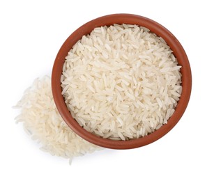 Raw rice in bowl isolated on white, top view