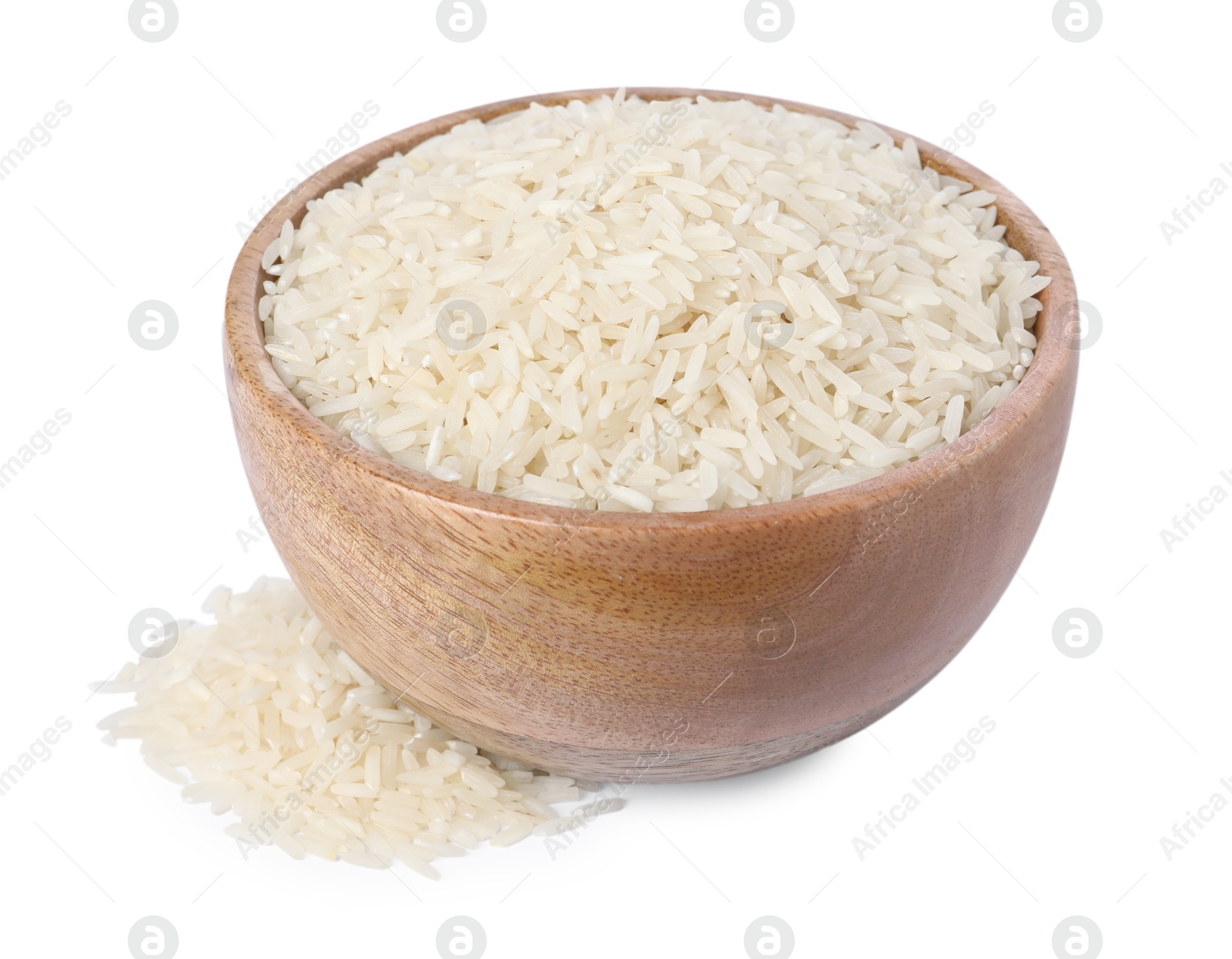 Photo of Raw rice in bowl isolated on white