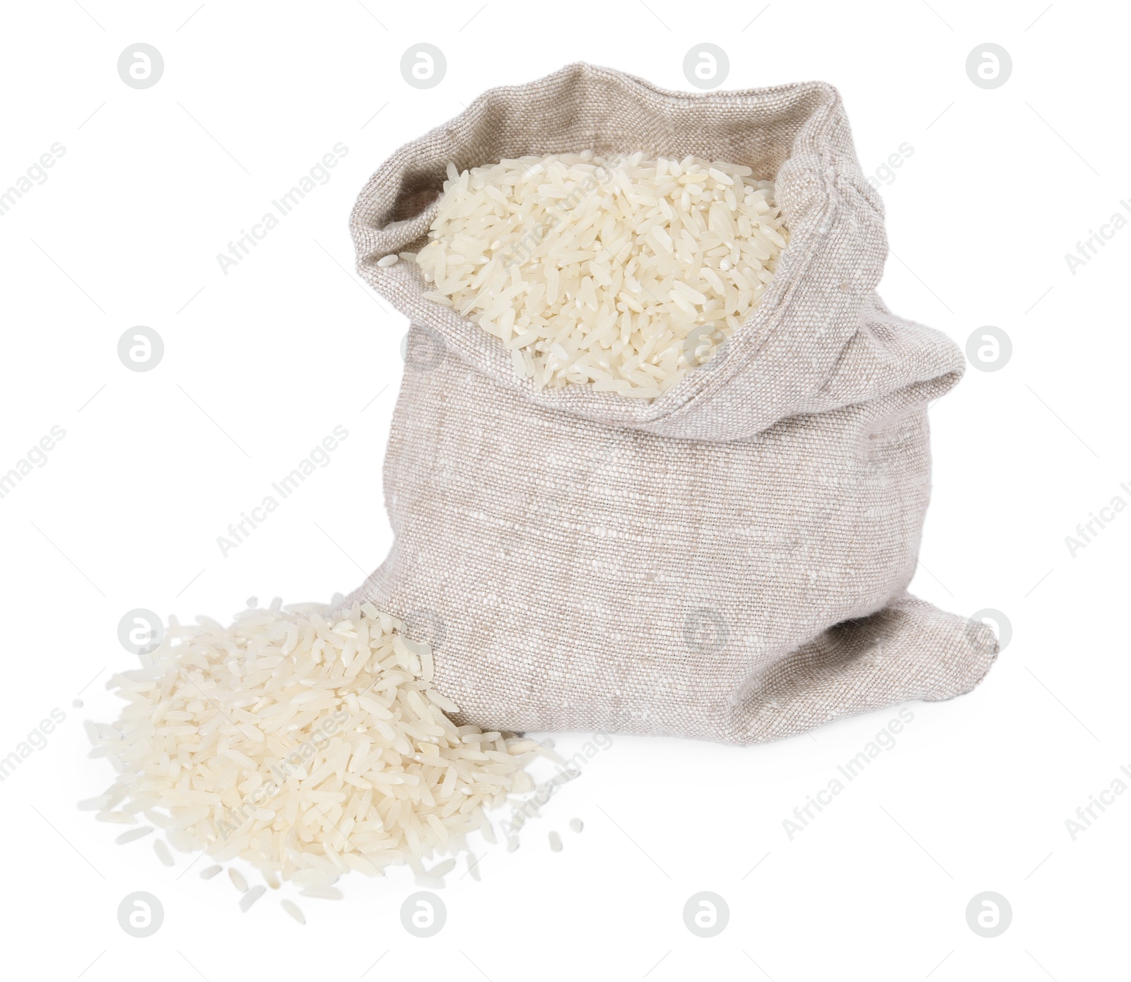 Photo of Raw rice in sack isolated on white