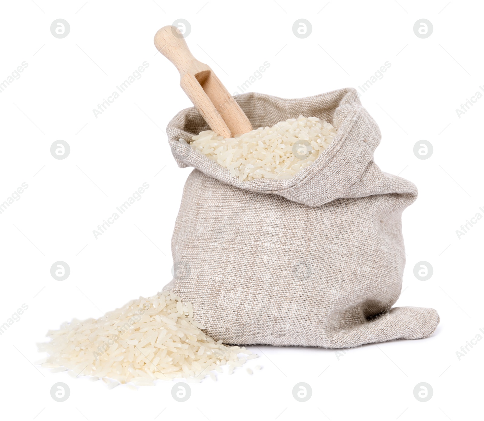 Photo of Raw rice and scoop in sack isolated on white