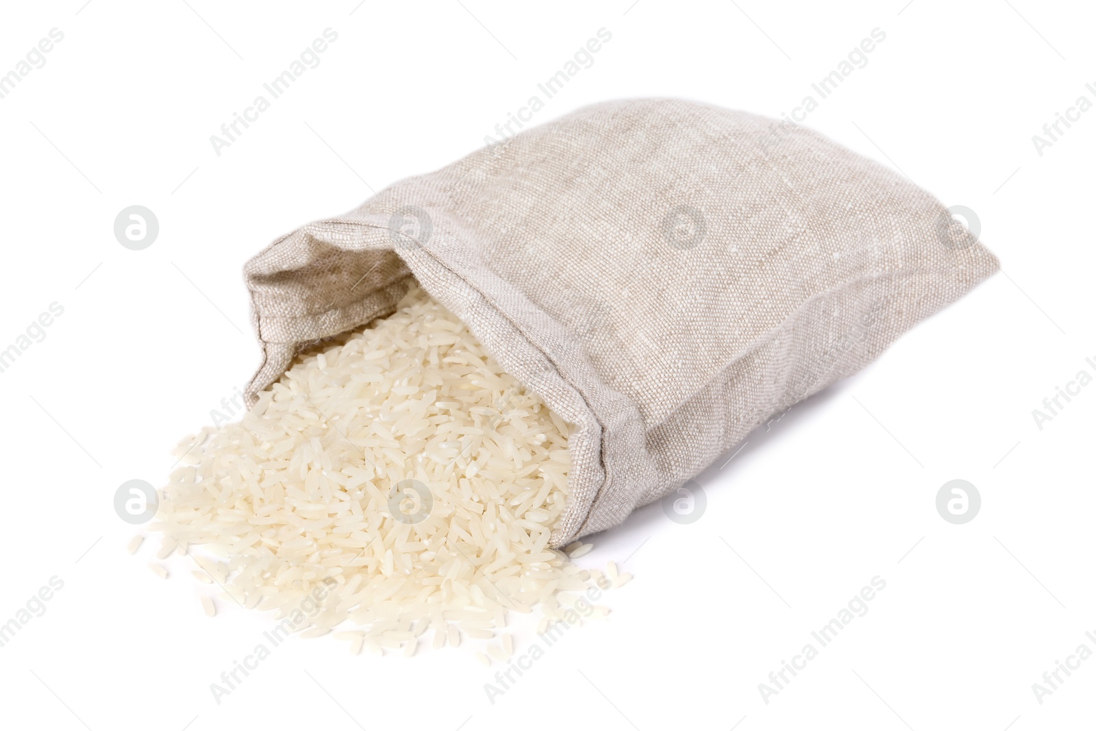 Photo of Raw rice in sack isolated on white