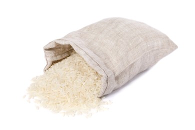 Photo of Raw rice in sack isolated on white