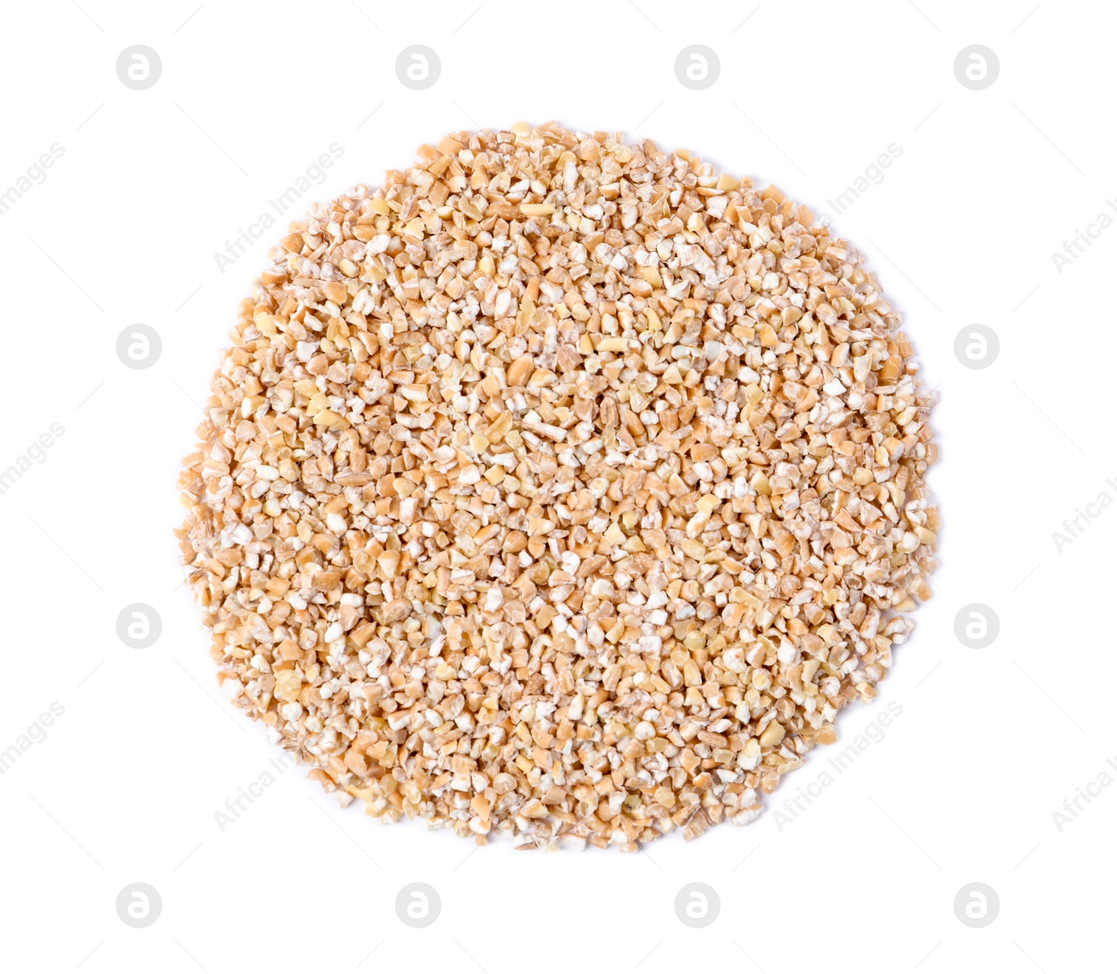 Photo of Raw wheat groats isolated on white, top view