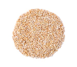 Photo of Raw wheat groats isolated on white, top view