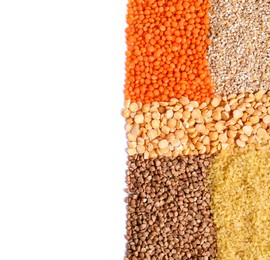 Piles of different cereals and legumes isolated on white, top view