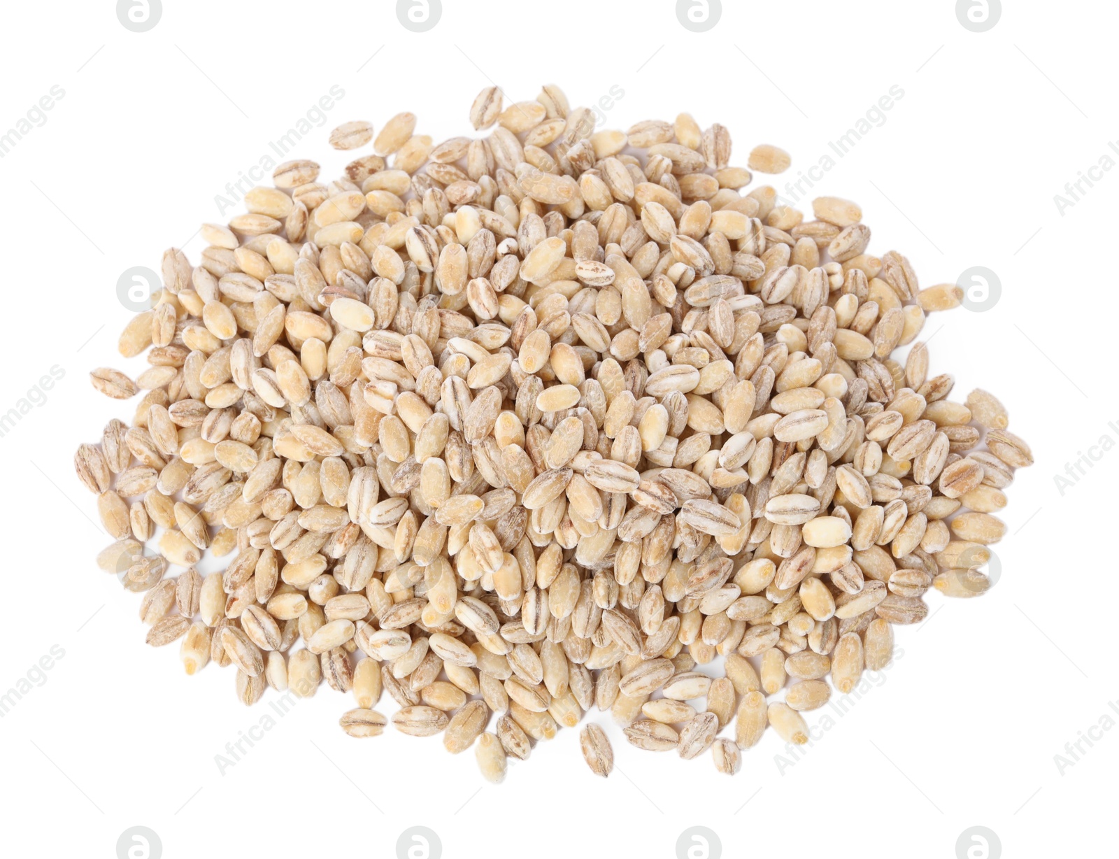 Photo of Pile of pearl barley groats isolated on white, top view