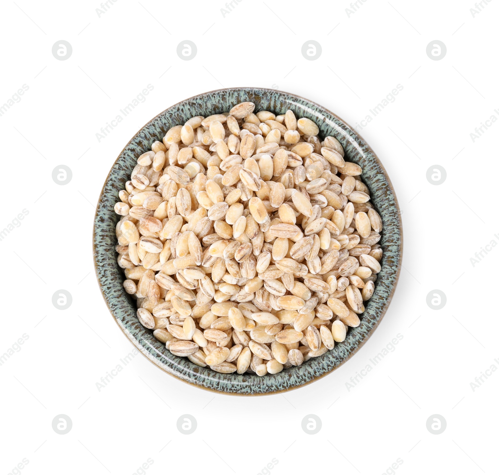 Photo of Pearl barley groats in bowl isolated on white, top view