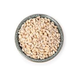 Photo of Pearl barley groats in bowl isolated on white, top view