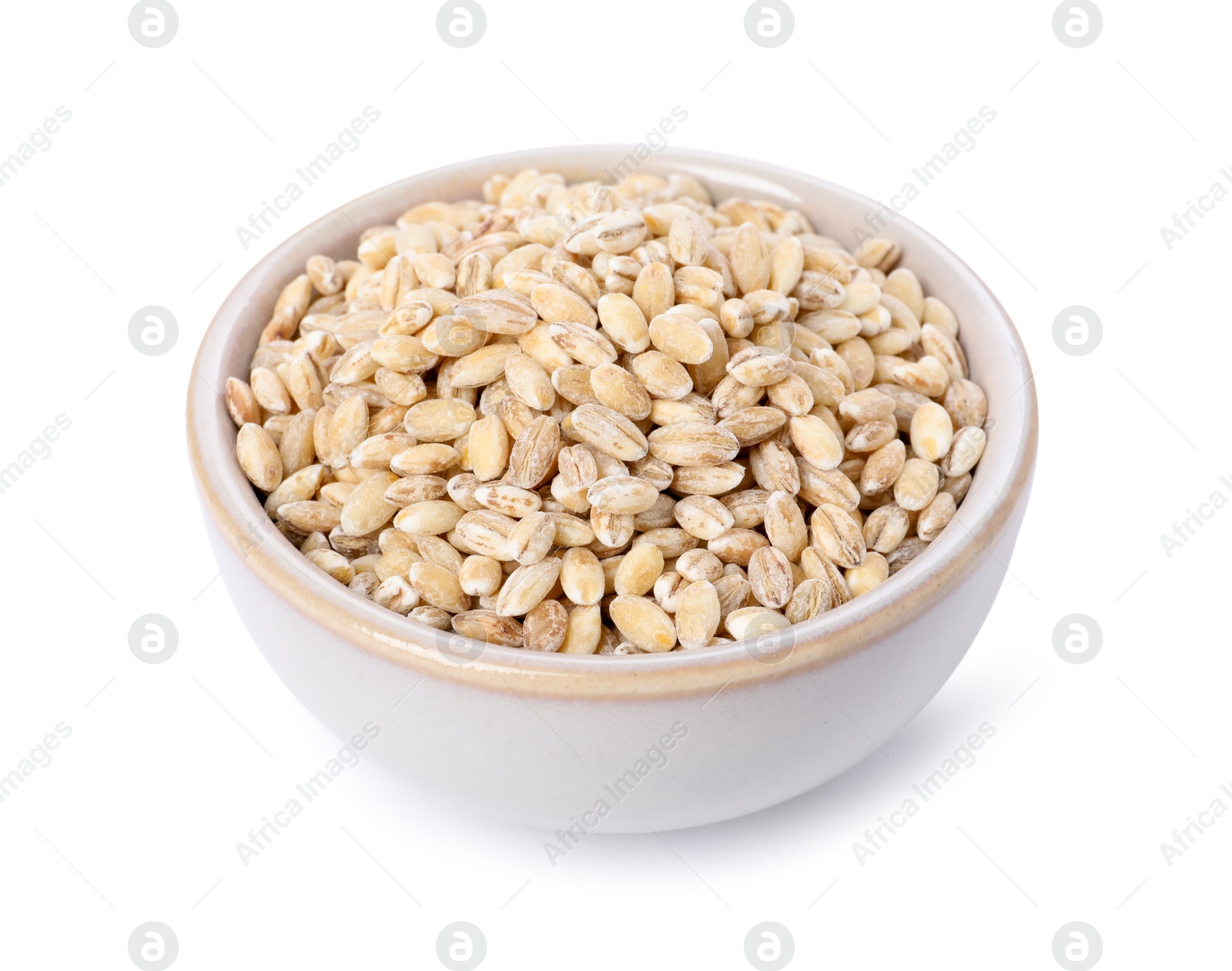 Photo of Pearl barley groats in bowl isolated on white