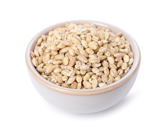 Photo of Pearl barley groats in bowl isolated on white