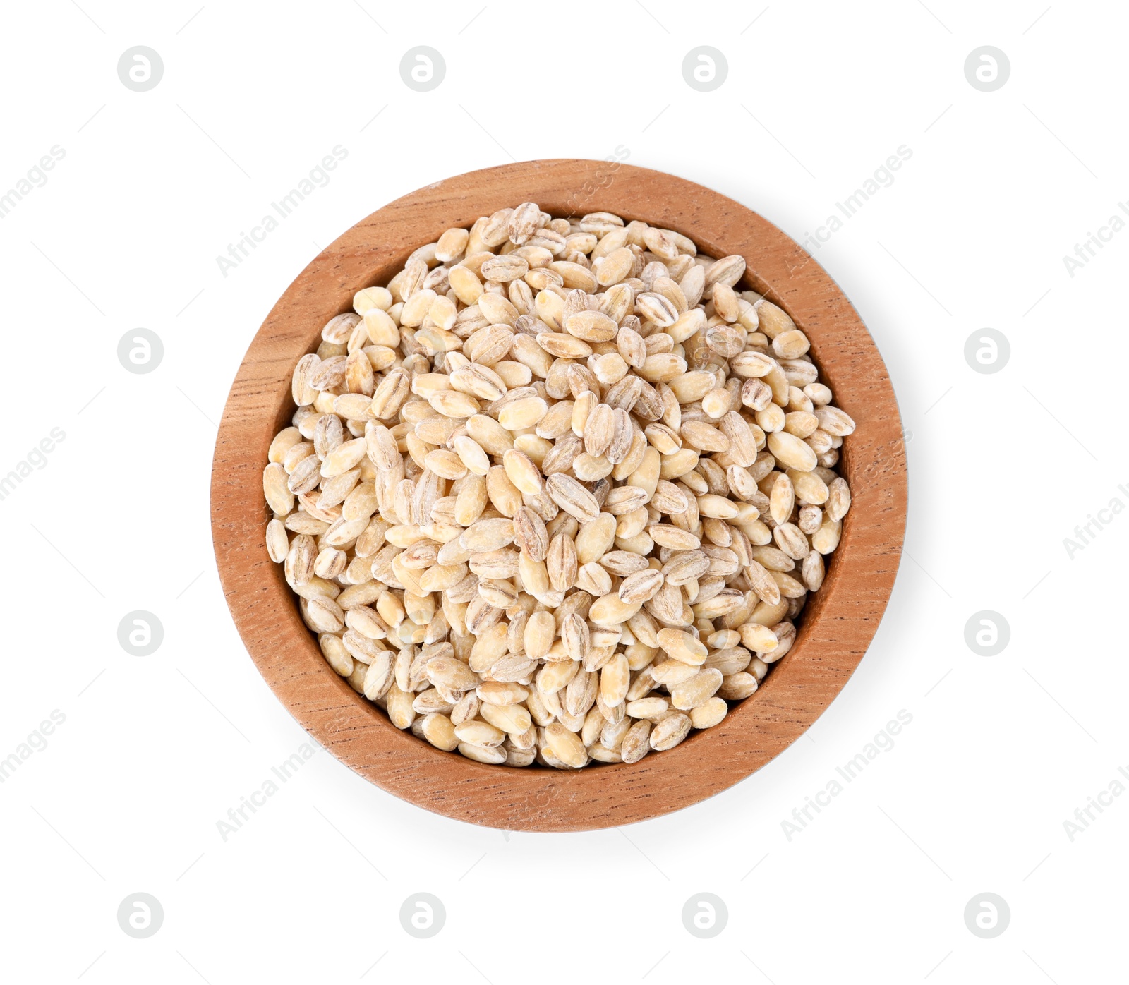 Photo of Pearl barley groats in bowl isolated on white, top view