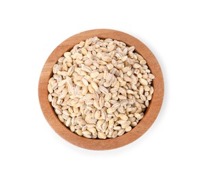 Pearl barley groats in bowl isolated on white, top view