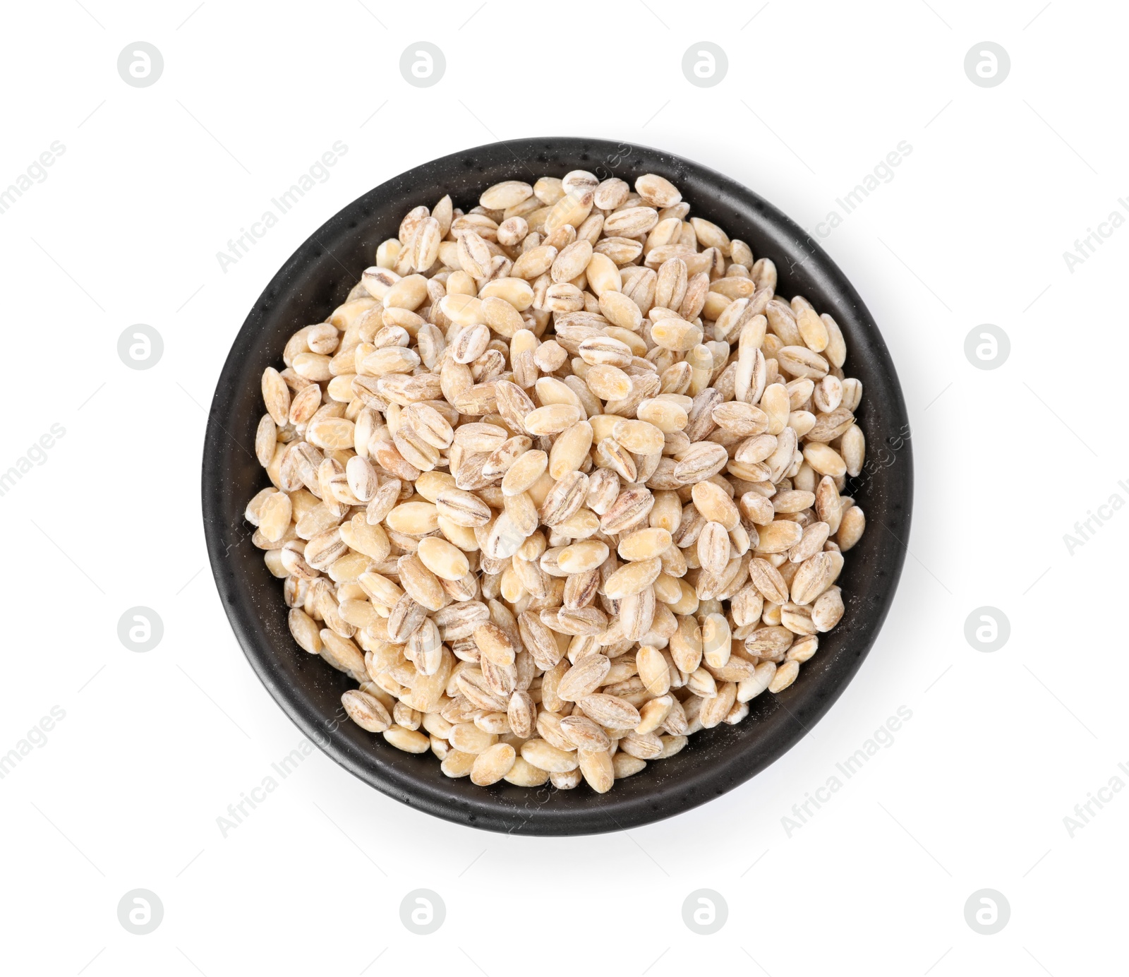 Photo of Pearl barley groats in bowl isolated on white, top view