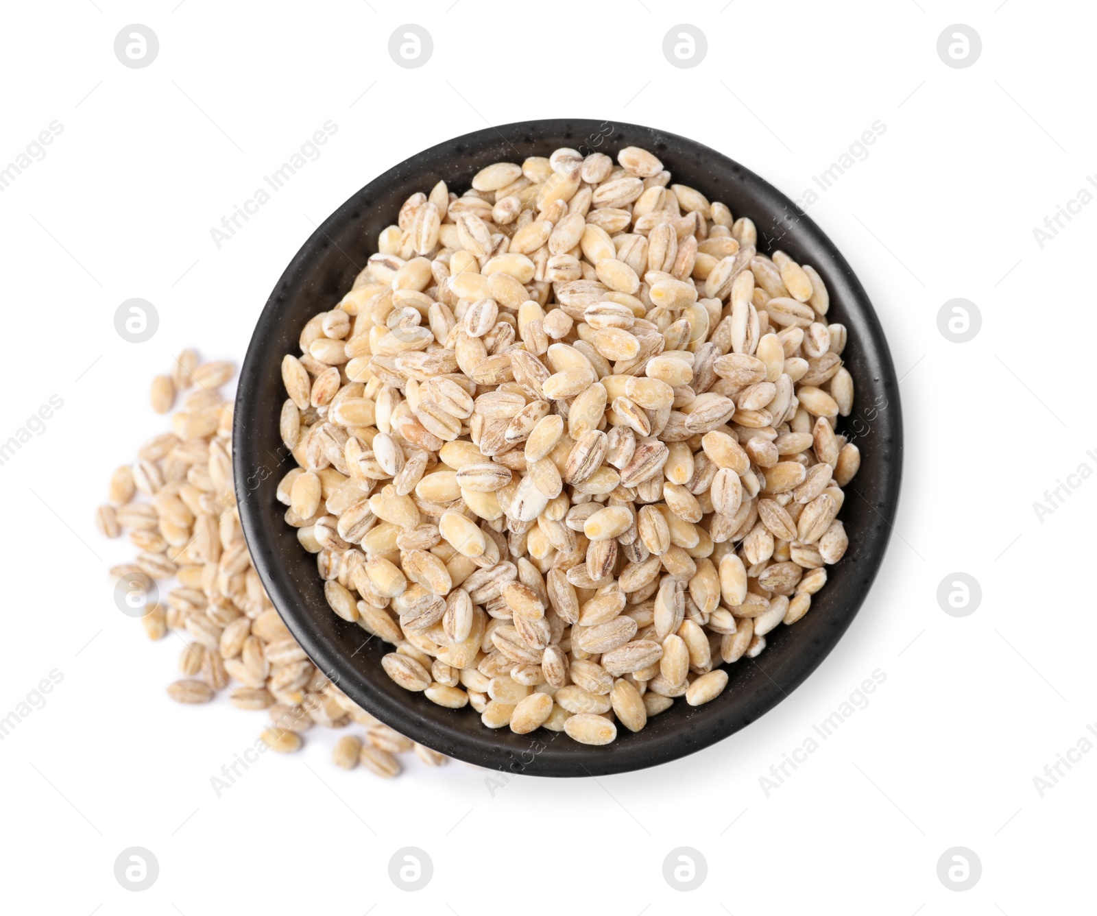 Photo of Pearl barley groats in bowl isolated on white, top view