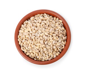 Photo of Pearl barley groats in bowl isolated on white, top view