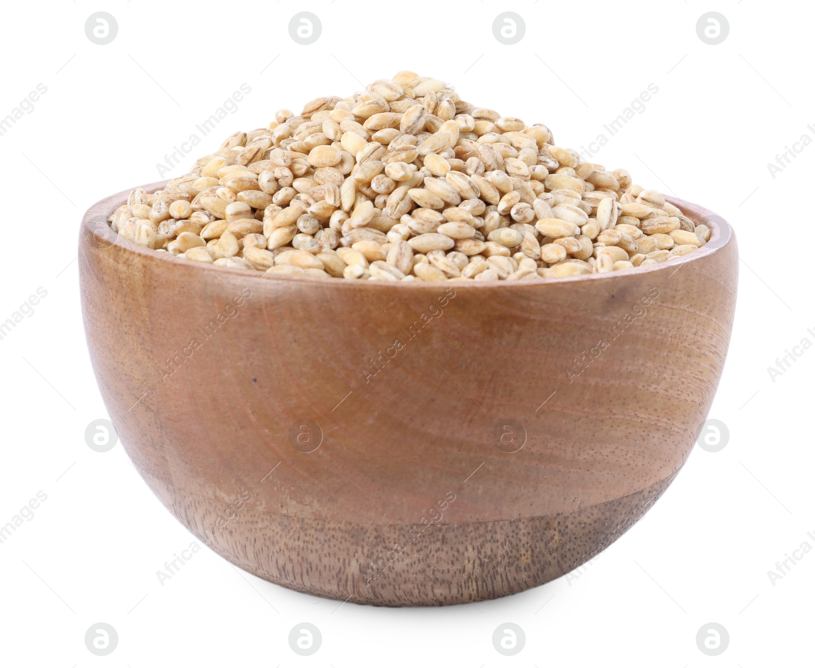 Photo of Pearl barley groats in bowl isolated on white