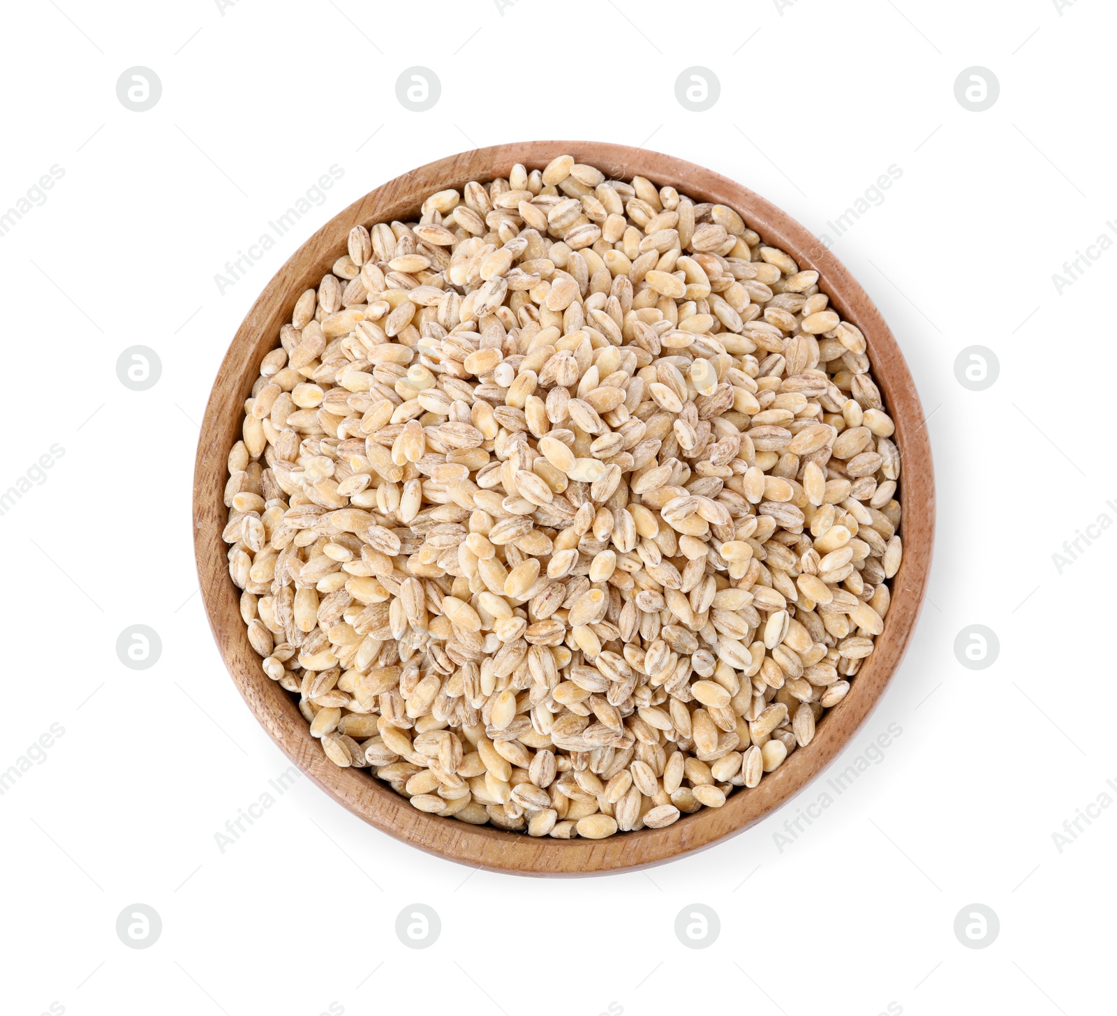 Photo of Pearl barley groats in bowl isolated on white, top view