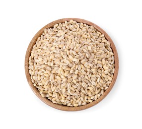 Pearl barley groats in bowl isolated on white, top view