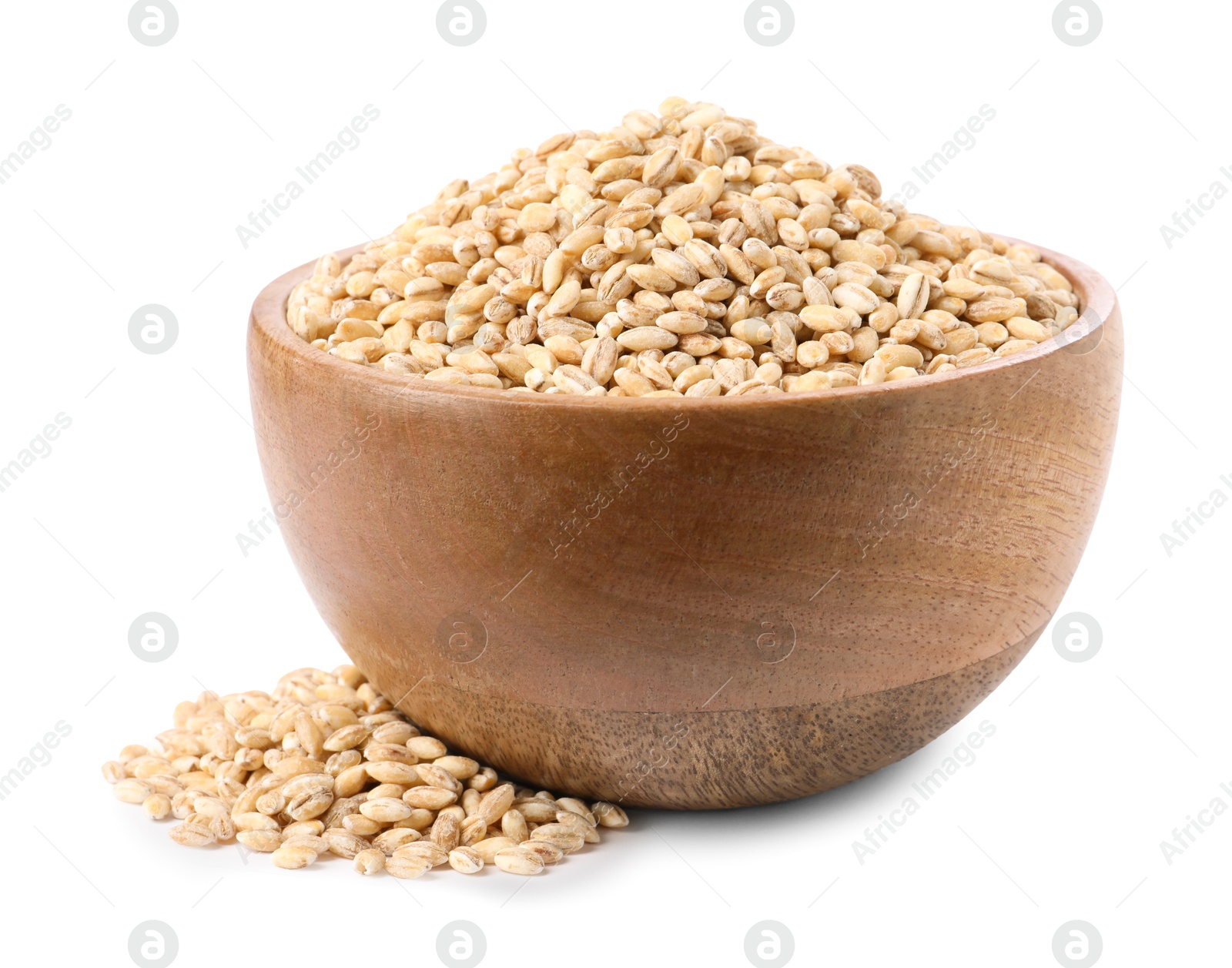 Photo of Pearl barley groats in bowl isolated on white